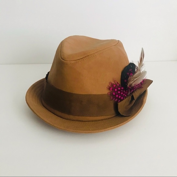 Faux Leather Fedora Brown Tan Feathers Hat - Picture 2 of 8